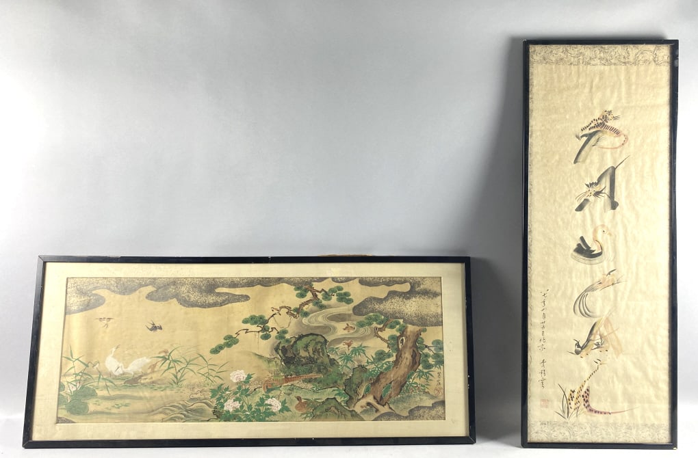 2 Asian Watercolors: 2 Asian Watercolors. Smallest sight: 15"h x 41"w Largest sight: 42 1/2"h x 15 1/4"w Condition: Some scratches and scuffs to frames. Wavy paper in larger one.