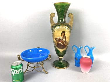 Moser Bohemian Gilded Green Glass Portrait Vase +