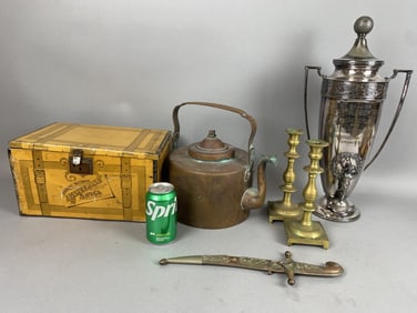 Grouping of Articles Including 19th C. Kettle