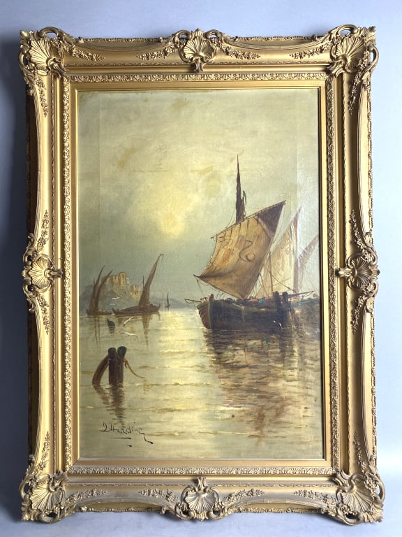 J. Harding 'Sail Boats in Harbor': J Harding 'Sail Boats in Harbor'. Oil on canvas, signed (ll) Sight: 29 1/2h x 19 1/2"w Condition: Frame needs cleaning, some minor gilt loss and cracks. Old repairs to canvas.