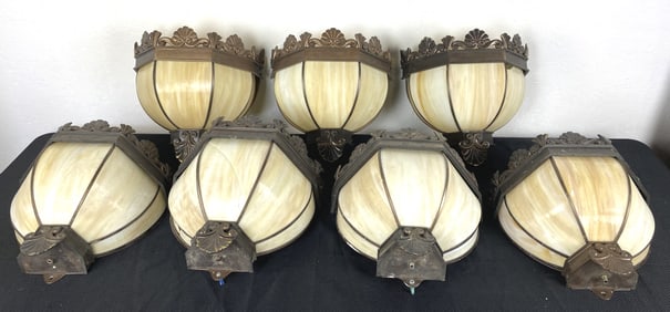 7 Slag Glass & Bronze Sconces