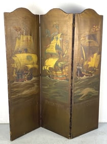 Galleon Ship Painted 3 Panel Screen