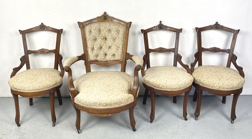 4 Victorian Walnut Parlor Chairs w/ Bronze Plaques