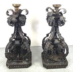 Pair Wrought Iron Leaf Decorated Torchiere Lamps