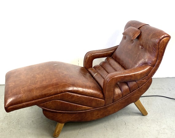 MCM Style Contour Lounge Chair: MCM Style Electric Contour Lounge Chair 36"h x 59"w 27"d Condition: Some splits to vinyl on seams, scratches, scuff to legs.