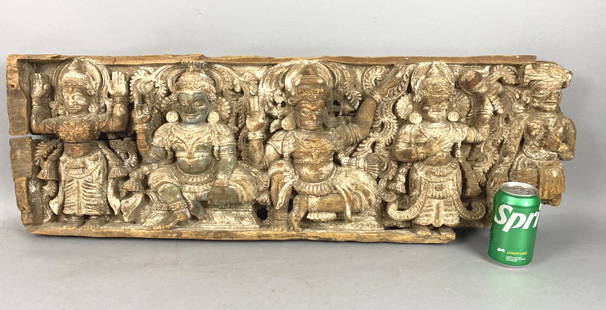 19th C. Indian Carved Wood Panel Hindu Deity: 19th C. Indian Carved Wood Panel Hindu Deity. 12 1/2"h x 38"w Condition: Broken and missing wood from age.