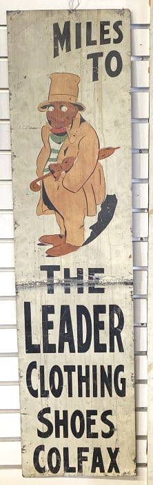 Colfax Shoe Advertising Sign: Colfax Shoe Advertising Sign. 47 1/2"h x 12"w Condition: Fold mark in center, loss of paint and overall wear.