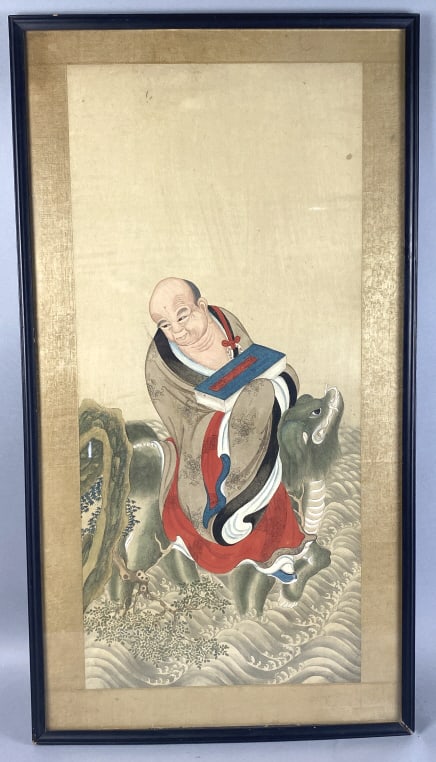 19th C. Chinese Watercolor of Scholar: 19th C. Chinese Watercolor of Scholar Sight 35 1/4"h x 16"w Condition: Some stains, minor tear, overall wear to frame