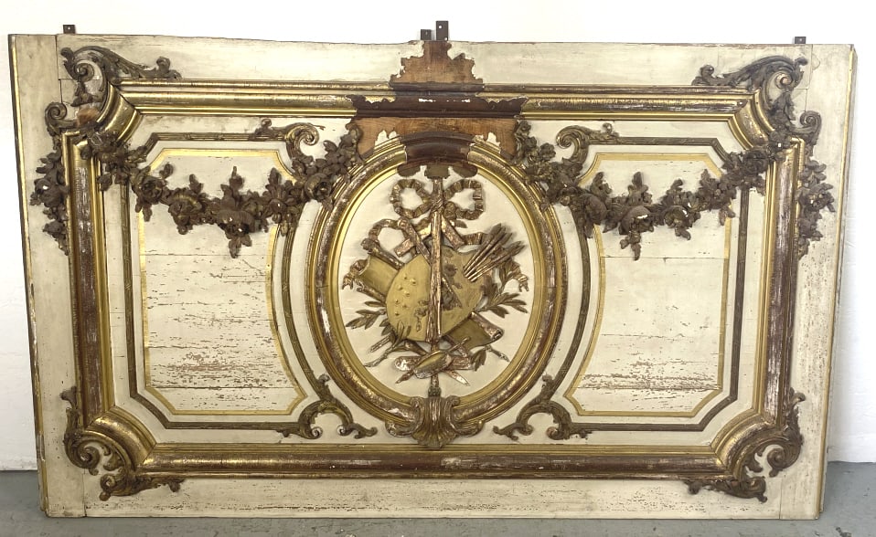 Antique French Painted and Giltwood Room Panel: Antique French Painted and Giltwood Room Panel 42"h x 96 1/2"w Condition: Some loss of decoration, overall wear