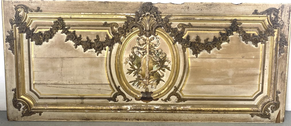 Antique French Painted & Giltwood Room Panel: Antique French Painted & Giltwood Room Panel 42"h x 97 1/2"w Condition: Some loss of decoration, some cracks to wood, burn marks to back