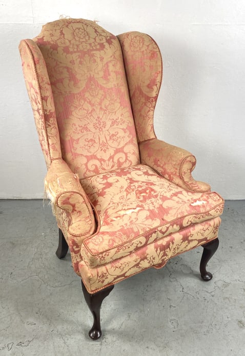 Queen Anne Style Upholstered Wingback Armchair: Queen Anne Style Upholstered Wingback Armchair 50"h x 31 1/2" x 35"d Condition: Needs re- upholstery