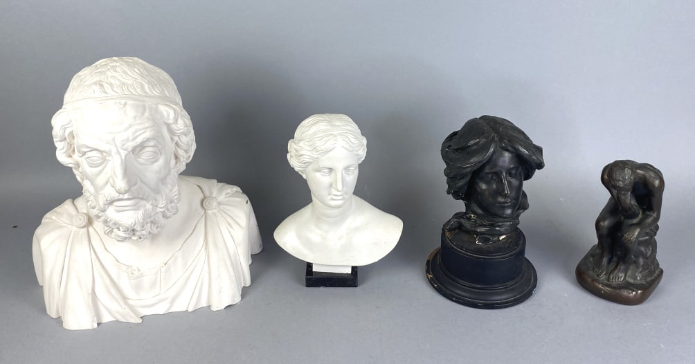 Group of Plaster & Composition Busts: Group of Plaster & Composition Busts Including Rodin "The Thinker" and Homer Largest 13 1/2"h x 12"w x 7 1/2"d COndition: Some scratches, scuffs and chips.