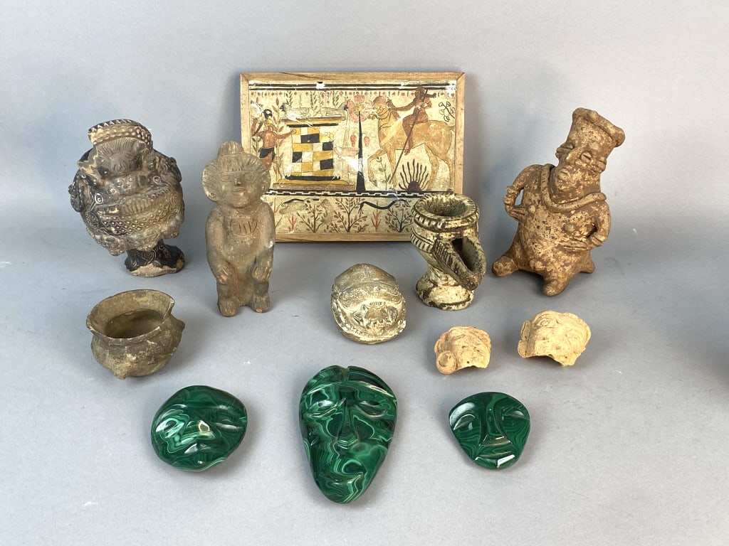 Grouping of Pottery & Malachite Items: Grouping of Pottery & Malachite Items. Approx. 12 items. Tallest: 7 3/4"h Condition: Overall wear, chips, and old repairs.