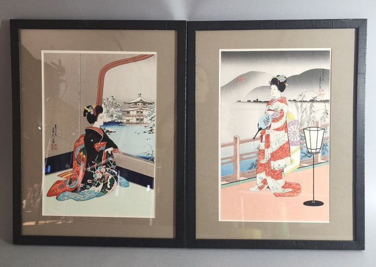 Two Japanese Woodblock Prints Hasegawa: Two Japanese Woodblock Prints two of the "Four Seasons of Kyoto" by Sadanobu Hasegawa. "Geisha Girl in Winter" and "Maiko in Spring". Sight: 14 1/2"h x 10"wCondition: Good.