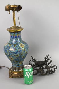 Chinese Cloisonne Lamp & Bronze Stand: Chinese Cloisonne Lamp & Bronze Stand. Lamp: 20"h Condition: Lamp needs to be rewired.