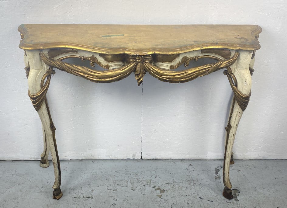 Florentine Style Giltwood Console: Florentine Style Giltwood Console. 36"h x 48 1/2"w x 14 3/4"d Condition: Overall wear, scratches, scuffs, some chipped wood.