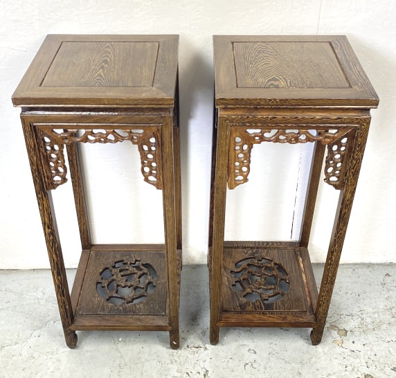 Pair of Chinese Carved Wood Stands: Pair of Chinese Carved Wood Stands 30 1/2"h x 12 1/2"sqr. Condition: Some scratches, scuffs, cracks.