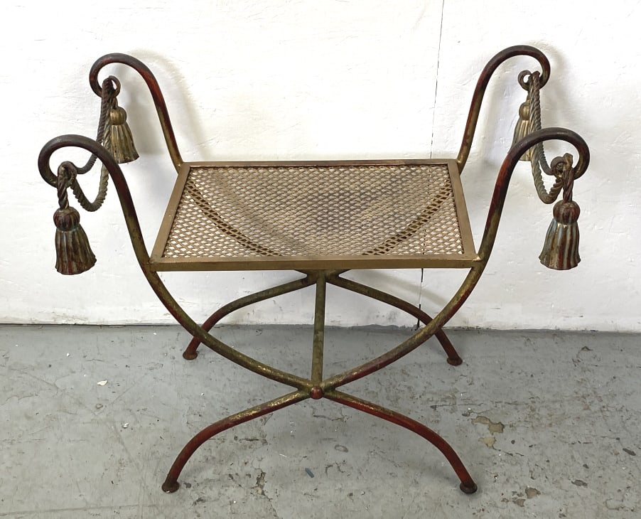 Gilt Metal Florentine Style Bench: Gilt Metal Florentine Style Bench. 24 1/2"h x 28 1/2"w x 16"d Condition: Some wear to finish.