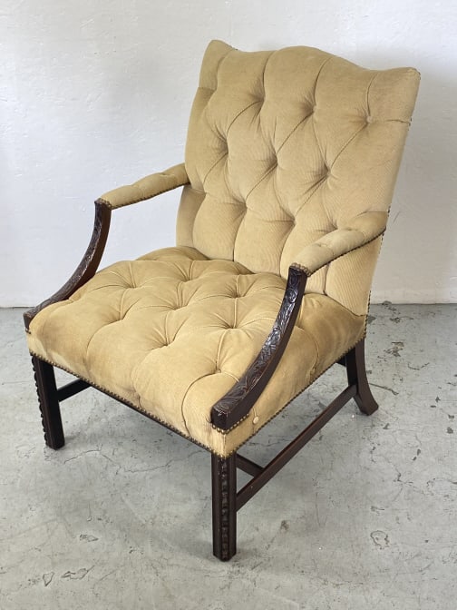 Georgian Style Carved Mahogany Library Chair: Georgian Style Carved Mahogany Library Chair. 38 1/2"h x 47 1/2"w x 29"d Condition: Some scratches, scuffs, stains to fabric.