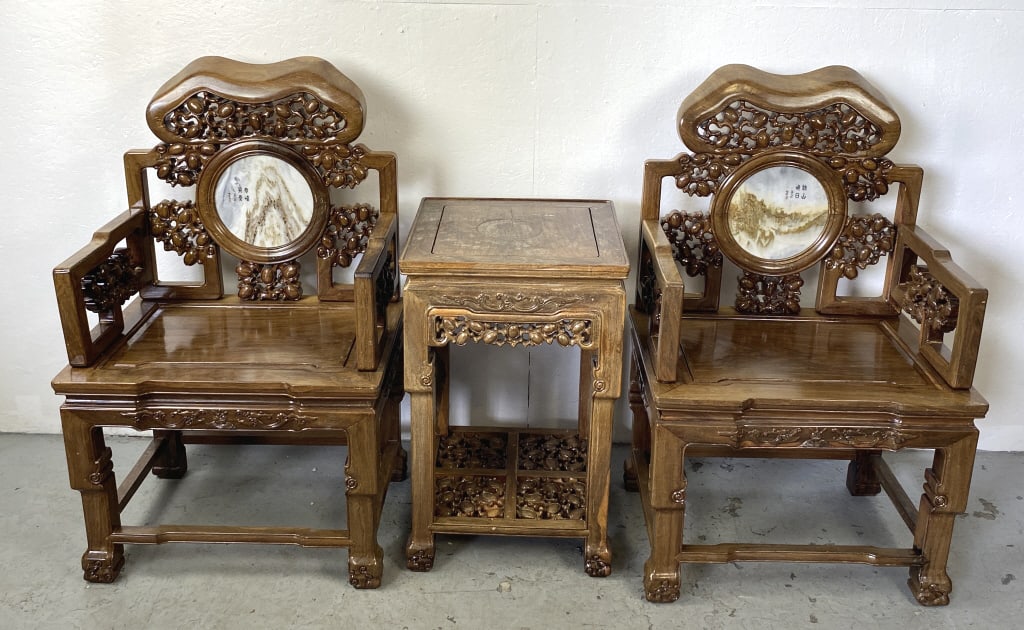 Pair of Chinese Hardwood & Marble Armchairs: Pair of Chinese Hardwood & Marble Armchairs. Together with Table. Chair: 43 1/2"h x 26 1/2"w x 20"d Condition: Some worn finish, scratches, scuffs.