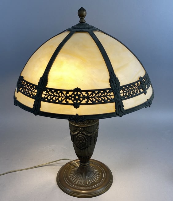 Art Nouveau Style Slag Glass Lamp: Art Nouveau Style Slag Glass Lamp. Signed on bottom "EM & Co 1105" (Edward Miller). 23 1/2"h x 17"diam. Condition: Some wear to finish.