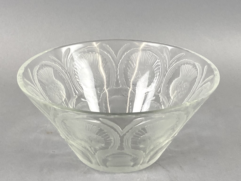 Signed Lalique Chardons Thistle Bowl: Signed Lalique Chardons Thistle Bowl. 4 1/2"h x 10"diam. Condition: Small area of rim ground down.