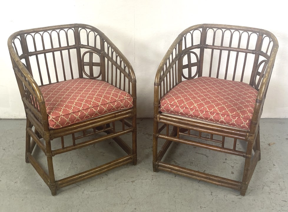Pair of Bamboo & Leather Bound Armchairs: Pair of Bamboo & Leather Bound Armchairs. 32"h x 23 1/2"w x 24 1/2"d Condition: Some wear to finish.