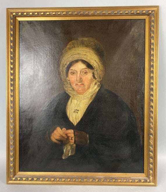 Portrait of Women in Victorian Era Dress: Portrait of Women in Victorian Era Dress. Oil on canvas, signed on verso illegible. Sight: 30"h x 24 1/2"w Condition: Craquelure, old repair, tape around stretcher.