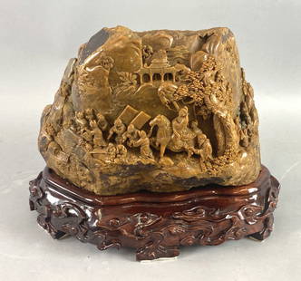 Chinese Carved Soapstone Sculpture: Chinese Carved Soapstone Sculpture. 15"h x 17"w x 9 1/2"d Condition: Some scratches and