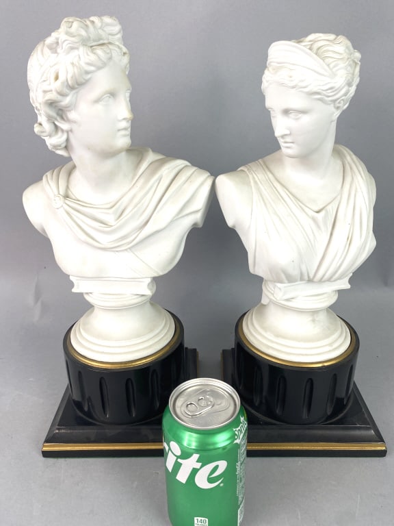 English Parian Busts of Apollo & Diana: English Parian Busts of Apollo & Diana. On wood pedestals. Apollo: 15 1/2"h x 8"w x 6"d Condition: Good, needs cleaning.