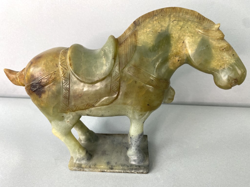 Chinese Tang Style Carved Jade Horse: Chinese Tang Style Carved Jade Horse. 9"h x 13"w Condition: Good.