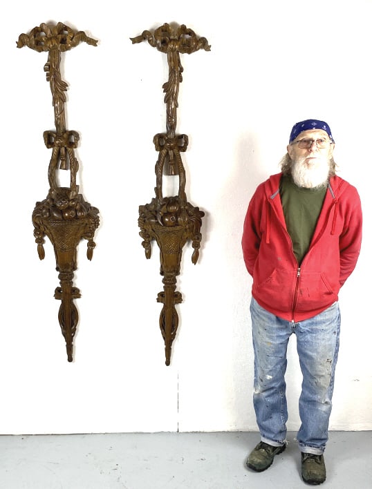 Pair of Highly Carved Stained Wood Applique: Pair of Highly Carved Stained Wood Applique. 67"h x 13 1/2"w Condition: Some minor scratches, scuffs, chips.