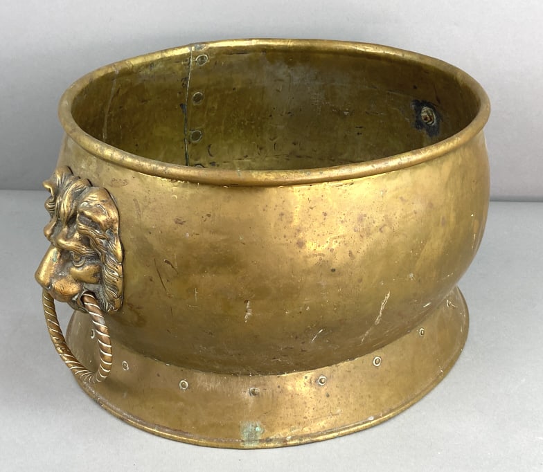 19th C. Brass Wine Cooler w/ Lion Handles: 19th C. Brass Wine Cooler w/ Lion Handles. 10 1/2"h x 22"w x 17"d Condition: Overall wear, needs cleaning.