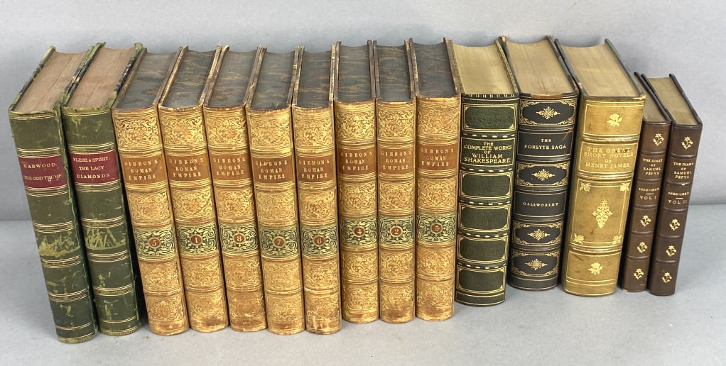 Grouping of Leatherbound Books: Grouping of Leatherbound Books. 15 books including Gibbons "Roman Empire". Tallest: 8 3/4"h Condition: Some wear to edges.