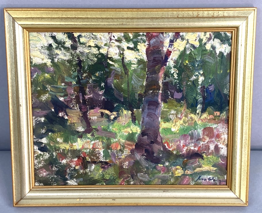 John Wenger, Russian-American (1887-1976): John Wenger, Russian-American (1887-1976). Trees in woods. Oil on board, signed (lr) Sight: 7 1/2"h x 9 1/2"w Condition: Good.