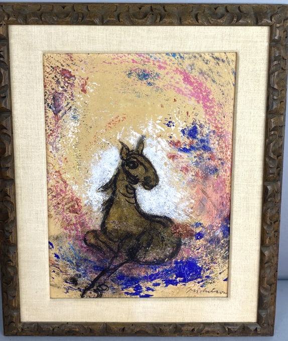 Leo Michelson Donkey: Leo Michelson Donkey. Oil on paper, on canvas, signed (lr) Sight: 18 1/2"h x 13 3/4"w Condition: Some scratches to frame.