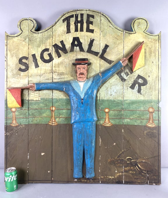 Carved Wood Pub Sign "THE SIGNALLER": Carved Wood Pub Sign "THE SIGNALLER". 42"h x 37 1/4"w Condition: Chipped paint, scratches, scuffs.
