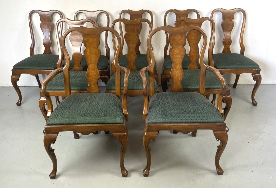 Set of 10 Queen Anne Style Walnut Dining Chairs (1 of 6)