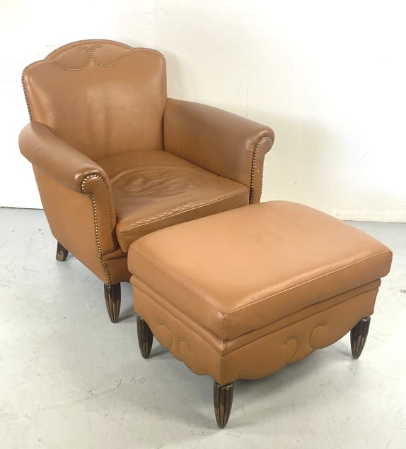 Art Nouveau Style Leather Armchair & Ottoman (1 of 7)