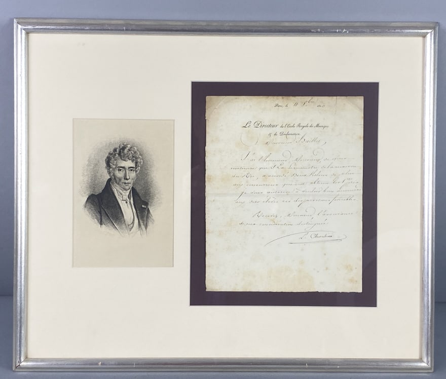 Letter From Royal School of Music Paris 1823: Letter From Royal School of Music Paris dated 1823. Sight: 11 1/2"h x 9 3/4"w Condition: Some foxing, creases, tears. Scratches, scuffs to frame.
