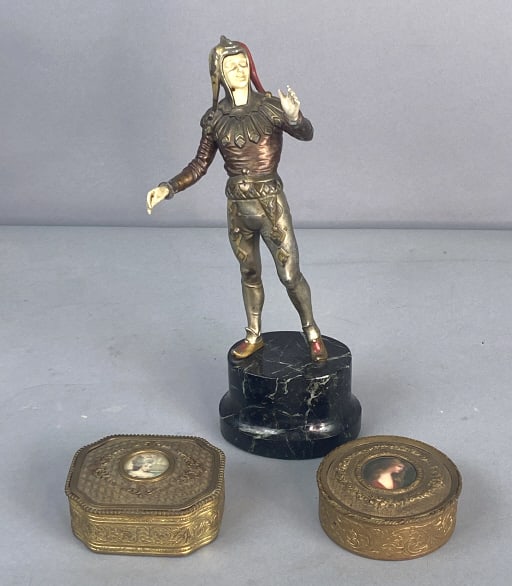 Art Deco Style Jester w/ Portrait Boxes: Art Deco Style Jester w/ Portrait Boxes. Jester: 10 1/2"h x 4 1/2"w x 3"d Condition: Some wear to finish, needs cleaning.