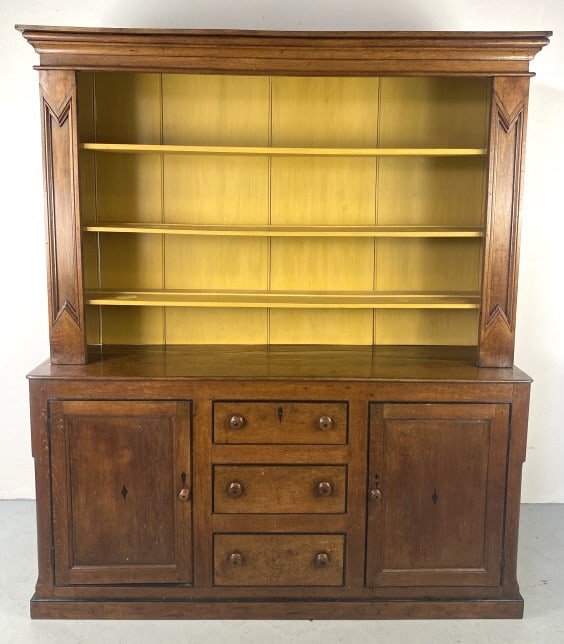 19th C. Oak & Elm Hutch: 19th C. Oak & Elm Hutch. 82 1/2"h x 71"w x 18 1/2"d Condition: Some scratches, scuffs, chips to wood.
