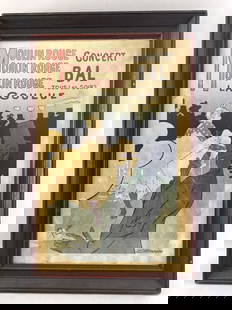 Moulin Rouge Cabaret Paris Poster: Moulin Rouge Cabaret Paris Poster. Created by Henri de Toulouse-Lautrec in 1891. Advertising for "Concert Bal" featuring La Goulue can-can dancer. 29"h x 19 1/4"wCondition: Water damage and discolorin