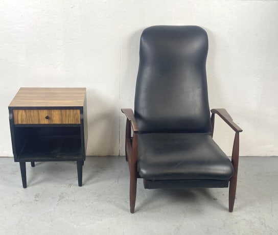 MCM Reclining Chair & Side Cabinet: MCM Reclining Chair & Side Cabinet. Cabinet signed Teakway, has formica top. Chair: 42"h x 29 1/2"w x 34"d Condition: Back broken on chair, scratches, scuff, some chips.