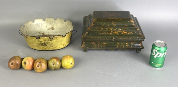 Japanned Green & Gilt Decorated Box w/ Others