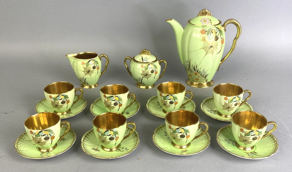 Carlton Ware 'Spider's Web' Coffee Set: Carlton Ware 'Spider's Web' Coffee Set Comprising of: Coffee pot Creamer & sugar, 8 Cups & saucersCoffee pot: 7 3/4"h Condition: Good