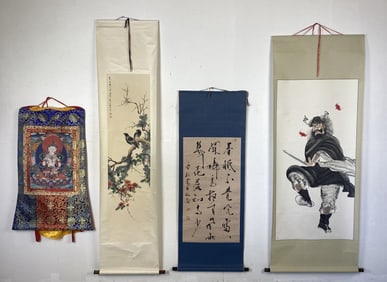 3 Chinese Scrolls & Tibetan Banner