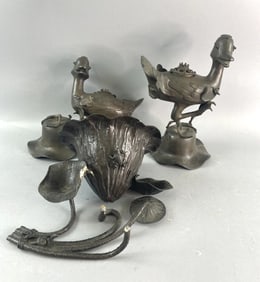 3 Bronze Sculptures Ducks and Lily Pad