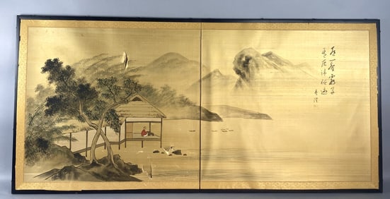Asian Hand Painted Two Panel Screen