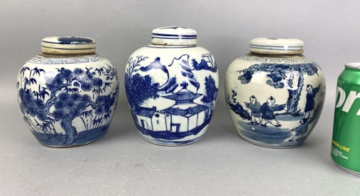3 Chinese Blue & White Ginger Jars